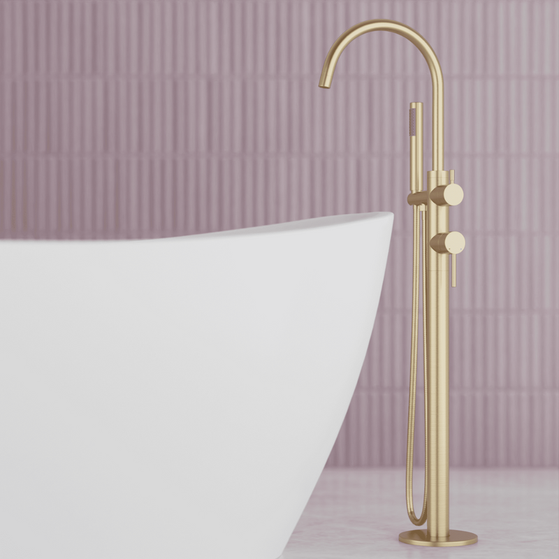 Opera Floor Mount Tub Filler Trim Kit with Hand Shower - Satin Brass image 2