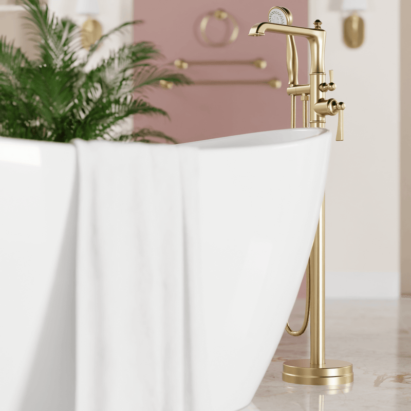 Classic Floor Mount Tub Filler Trim Kit with Hand Shower - Satin Brass image 2