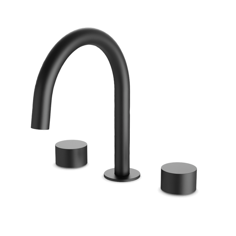 Opera 3-Hole Deck Mount Tub Filler With Arc Spout & Disc Handles - Matte Black image 1