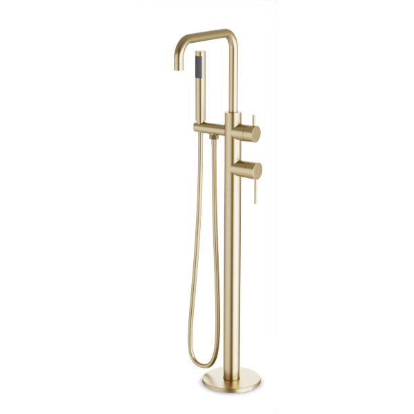 Opera Floor Mount Tub Filler Trim Kit with Low Spout and Hand Shower - Satin Brass image 1