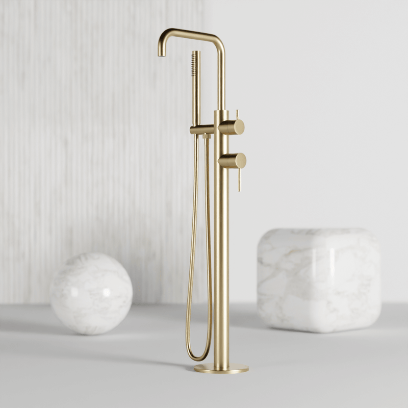 Opera Floor Mount Tub Filler Trim Kit with Low Spout and Hand Shower - Satin Brass image 2