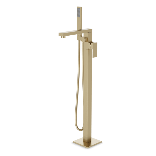Edge Floor Mount Tub Filler Trim Kit with Hand Shower - Satin Brass image 1