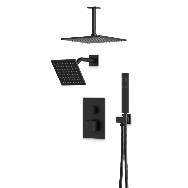 Edge Thermostatic Shower Trim Kit with Wall Mount Shower Head, Ceiling Mount Shower Head, Hand Shower - Matte Black / Wide image 1