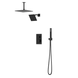 PS107 - Square Thermostatic Shower Trim Kit with Wall Mount Shower Head, Ceiling Mount Shower Head, Hand Held Shower Artos US Matte Black 