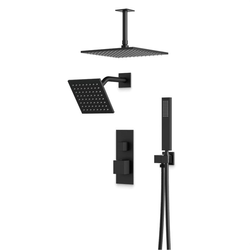 Edge Thermostatic Shower Trim Kit with Wall Mount Shower Head, Ceiling Mount Shower Head, Hand Shower - Matte Black / Linear image 1