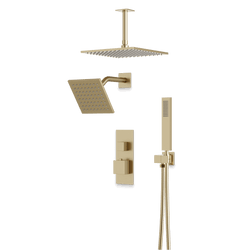 Edge Thermostatic Shower Trim Kit with Wall Mount Shower Head, Ceiling Mount Shower Head, Hand Shower - Satin Brass / Linear thumbnail 1