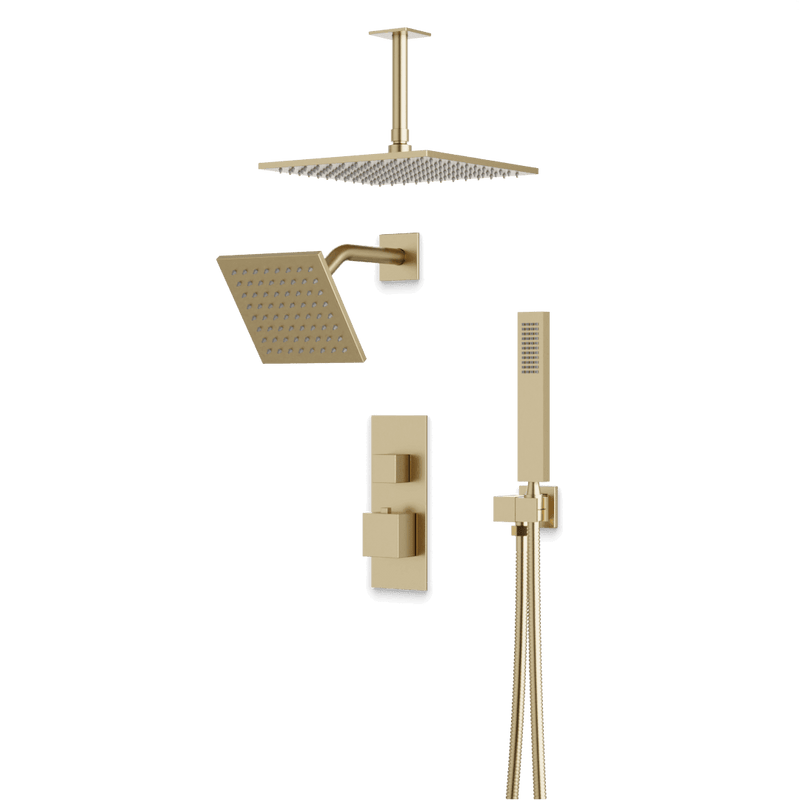Edge Thermostatic Shower Trim Kit with Wall Mount Shower Head, Ceiling Mount Shower Head, Hand Shower - Satin Brass / Linear image 1