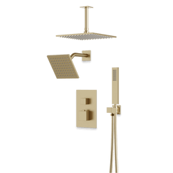 Edge Thermostatic Shower Trim Kit with Wall Mount Shower Head, Ceiling Mount Shower Head, Hand Shower - Satin Brass / Wide thumbnail 1