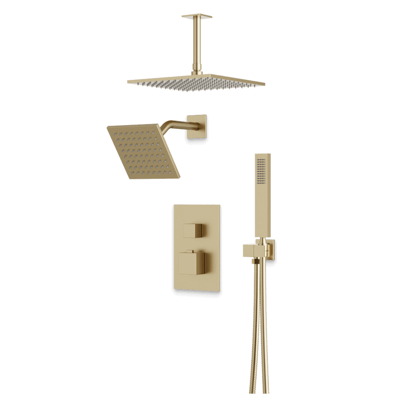 Edge Thermostatic Shower Trim Kit with Wall Mount Shower Head, Ceiling Mount Shower Head, Hand Shower - Satin Brass / Wide image 1