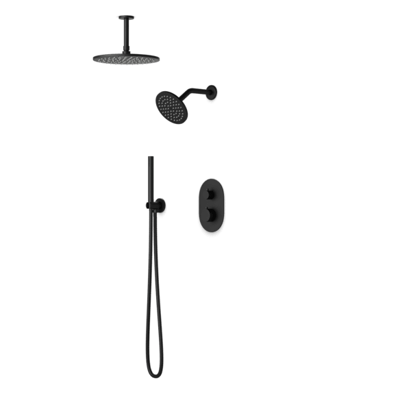 PS108 - Opera Round Thermostatic Shower Trim Kit with Wall Mount Shower Head, Ceiling Mount Shower Head, Hand Held Shower Artos US Black