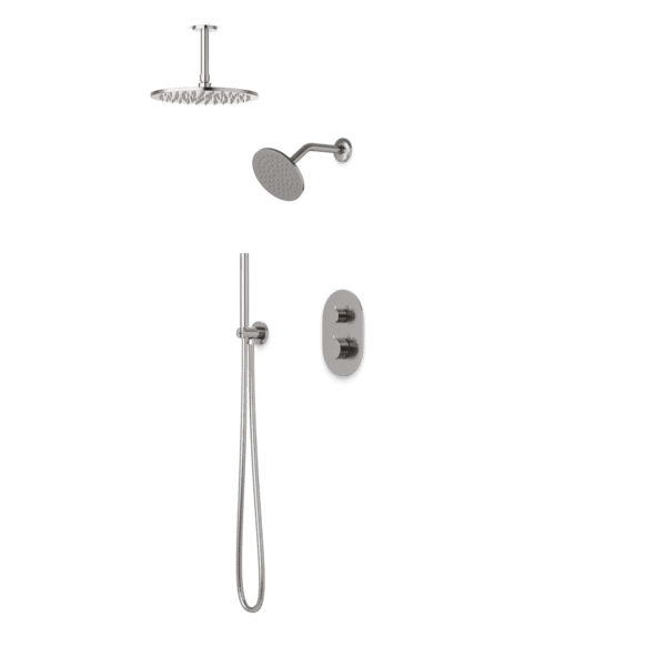 PS108 - Opera Round Thermostatic Shower Trim Kit with Wall Mount Shower Head, Ceiling Mount Shower Head, Hand Held Shower Artos US Brushed Nickel