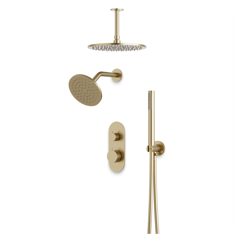 Opera Thermostatic Shower Trim Kit with Wall & Ceiling Mount Shower Head, Hand Shower - Satin Brass / Linear image 1
