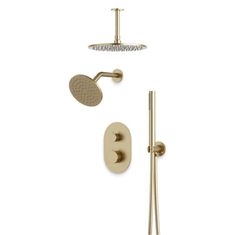 Opera Thermostatic Shower Trim Kit with Wall & Ceiling Mount Shower Head, Hand Shower - Satin Brass / Wide image 1