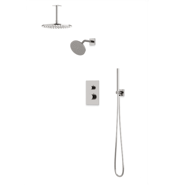 Square + Round Thermostatic Shower Trim Kit with Wall Mount Shower Head, Ceiling Mount Shower Head, Hand Held Shower Artos US Brushed Nickel 