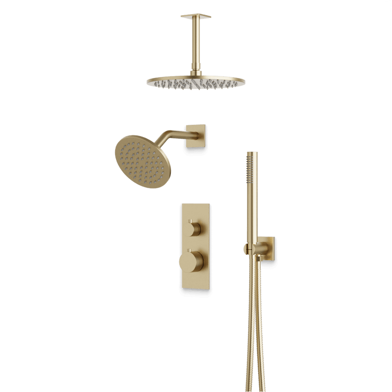 Otella Thermostatic Shower Trim Kit with Wall & Ceiling Mount Shower Head, Hand Shower - Satin Brass / Linear image 1