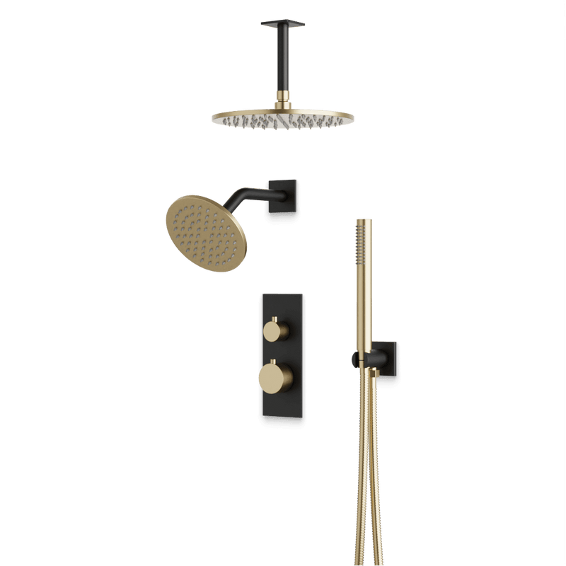 Otella Thermostatic Shower Trim Kit with Wall & Ceiling Mount Shower Head, Hand Shower - Satin Brass/Matte Black / Linear image 1