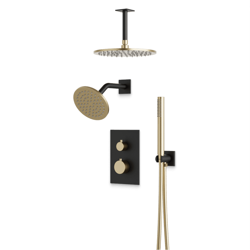 Otella Thermostatic Shower Trim Kit with Wall & Ceiling Mount Shower Head, Hand Shower - Satin Brass/Matte Black / Wide image 1