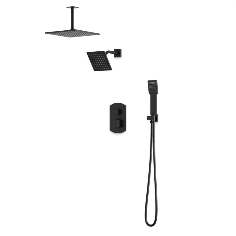Transitional Thermostatic Shower Trim Kit with Wall Mount Shower Head, Ceiling Mount Shower Head, Hand Shower - Matte Black image 1