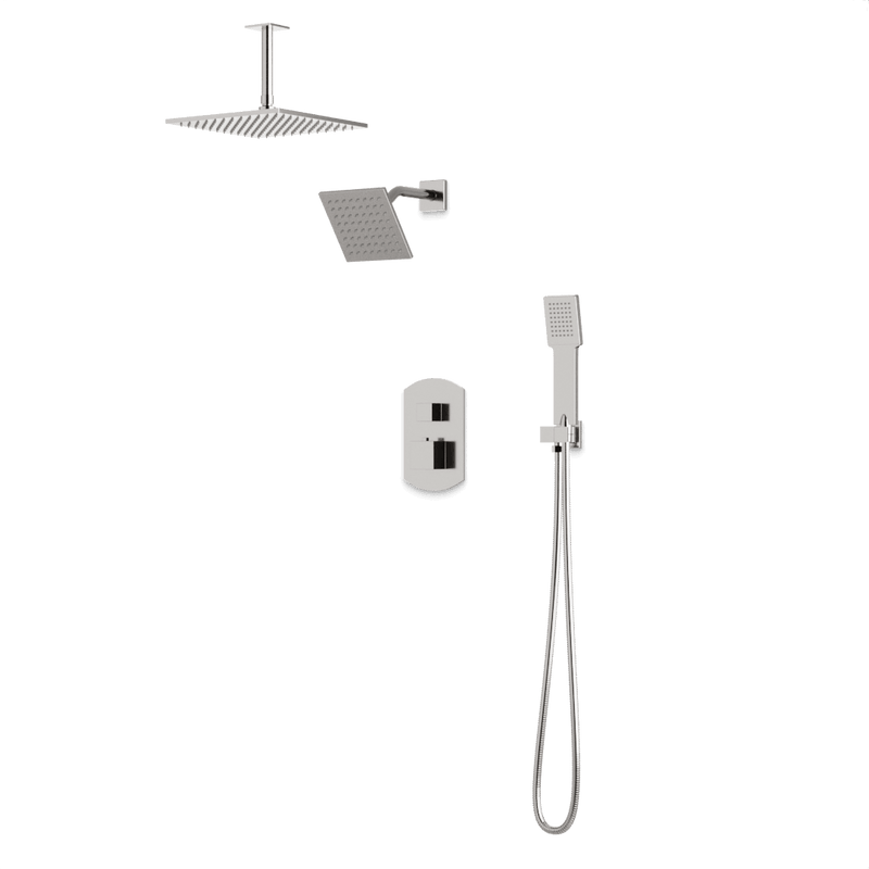 Transitional Thermostatic Shower Trim Kit with Wall Mount Shower Head, Ceiling Mount Shower Head, Hand Shower - Brushed Nickel image 1