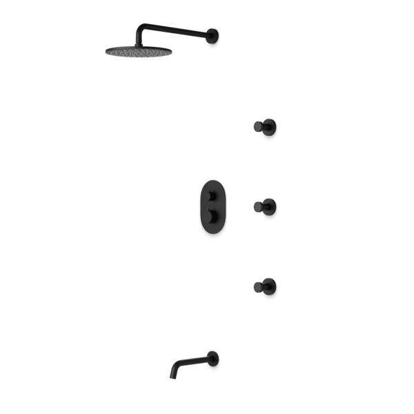 PS112 - Opera Round Thermostatic Shower Trim Kit with Wall Mount Shower Head, Body Jets, Tub Filler Artos US Black