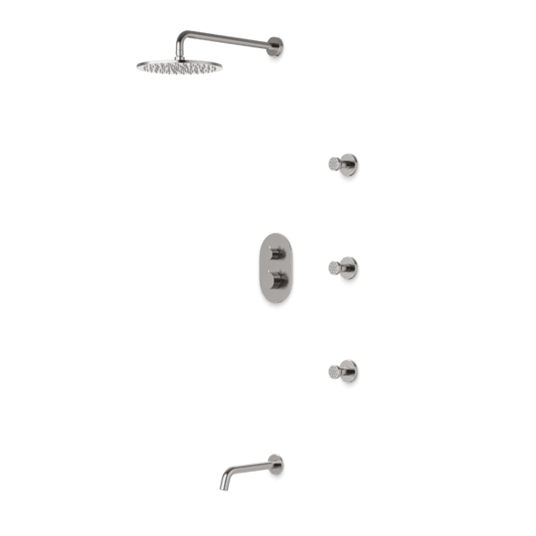 PS112 - Opera Round Thermostatic Shower Trim Kit with Wall Mount Shower Head, Body Jets, Tub Filler Artos US Brushed Nickel