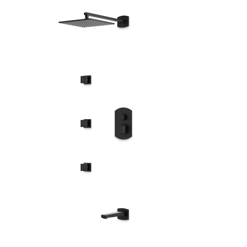 Transitional Thermostatic Shower Trim Kit with Wall Mount Shower Head, Body Jets, Tub Filler - Matte Black image 1