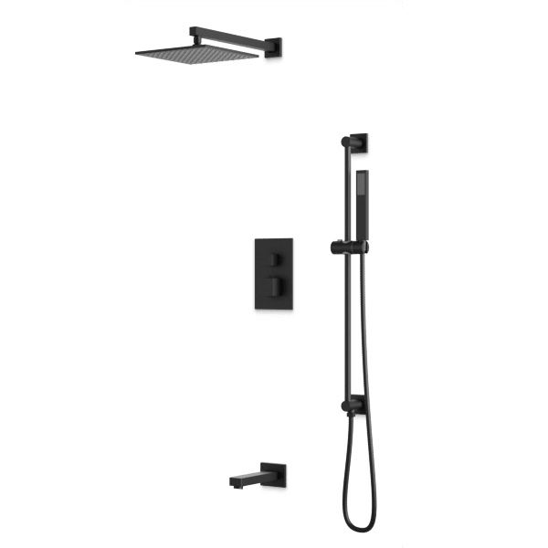 PS115 - Square Thermostatic Shower Trim Kit with Wall Mount Shower Head, Hand Held Shower on Slide Bar, Tub Filler Artos US Matte Black 