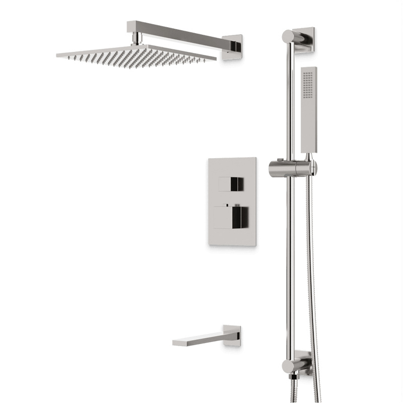 Edge Thermostatic Shower Trim Kit with Wall Mount Shower Head, Hand Shower on Slide Bar, Tub Filler - Brushed Nickel / Wide image 1