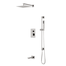 PS115 - Square Thermostatic Shower Trim Kit with Wall Mount Shower Head, Hand Held Shower on Slide Bar, Tub Filler Artos US Brushed Nickel 