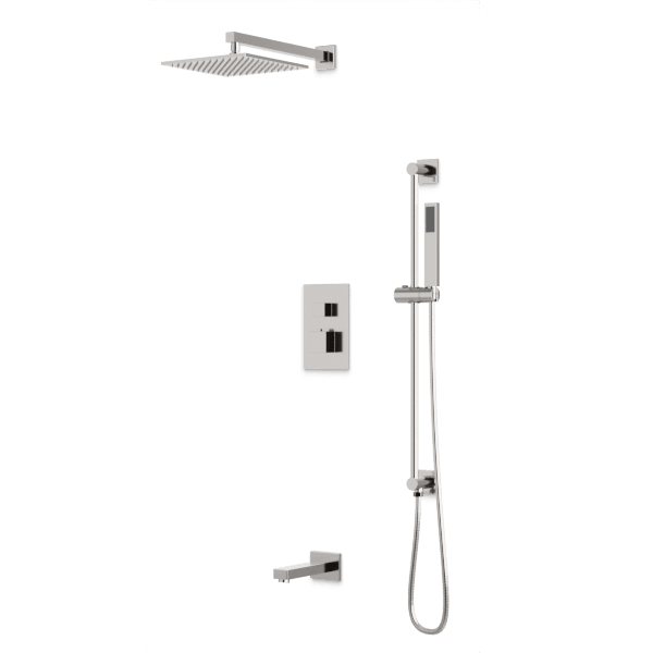 PS115 - Square Thermostatic Shower Trim Kit with Wall Mount Shower Head, Hand Held Shower on Slide Bar, Tub Filler Artos US Brushed Nickel 