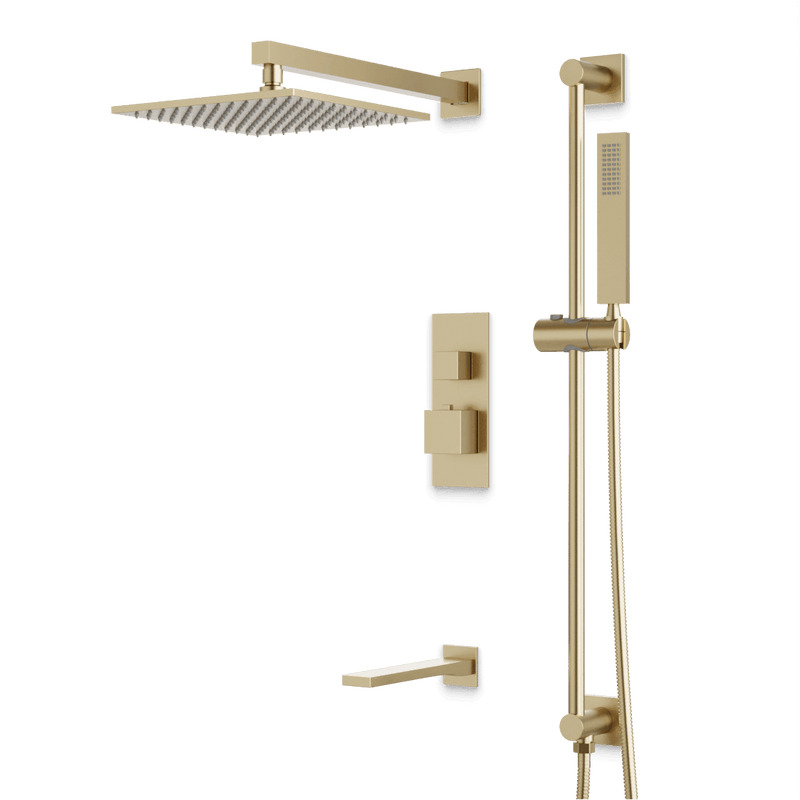 Edge Thermostatic Shower Trim Kit with Wall Mount Shower Head, Hand Shower on Slide Bar, Tub Filler - Satin Brass / Linear image 1