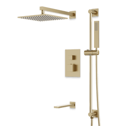 Edge Thermostatic Shower Trim Kit with Wall Mount Shower Head, Hand Shower on Slide Bar, Tub Filler - Satin Brass / Wide thumbnail 1