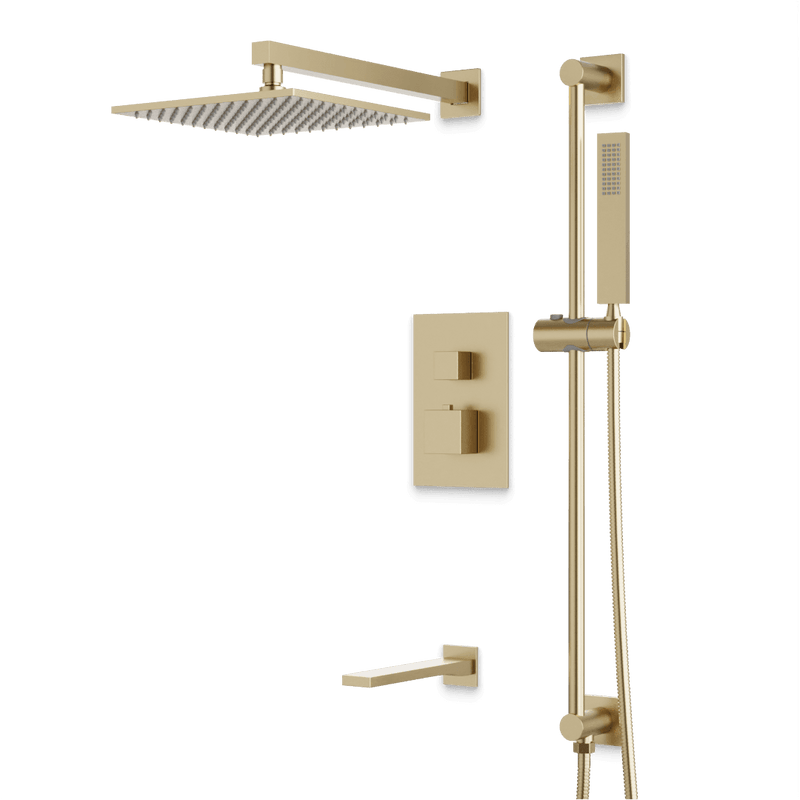 Edge Thermostatic Shower Trim Kit with Wall Mount Shower Head, Hand Shower on Slide Bar, Tub Filler - Satin Brass / Wide image 1