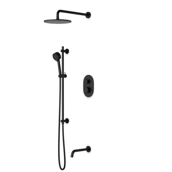 PS116 - Opera Round Thermostatic Shower Trim Kit with Wall Mount Shower Head, Hand Held Shower on Slide Bar, Tub Filler Artos US Black
