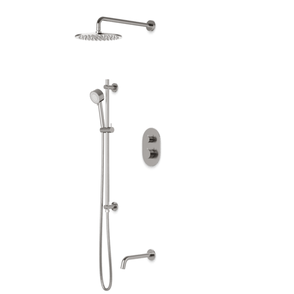 PS116 - Opera Round Thermostatic Shower Trim Kit with Wall Mount Shower Head, Hand Held Shower on Slide Bar, Tub Filler Artos US Brushed Nickel