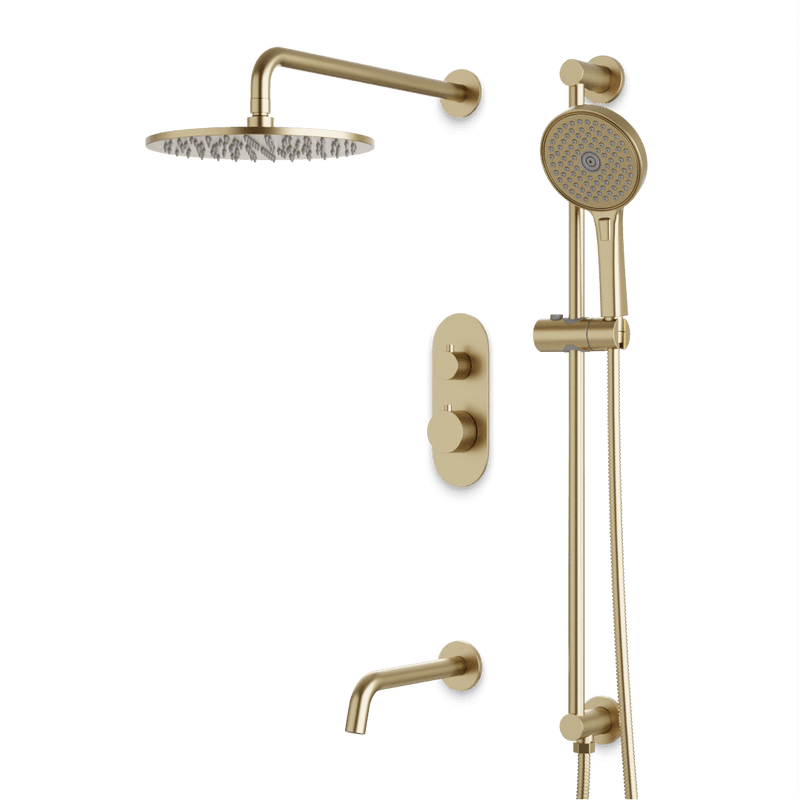 Opera Thermostatic Shower Trim Kit with Hand Shower on Slide Bar, Tub Filler - Satin Brass / Linear image 1