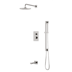 Square + Round Thermostatic Shower Trim Kit with Wall Mount Shower Head, Hand Held Shower on Slide Bar, Tub Filler Artos US Brushed Nickel 