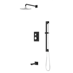 Square + Round Thermostatic Shower Trim Kit with Wall Mount Shower Head, Hand Held Shower on Slide Bar, Tub Filler Artos US Chrome/Matte Black 