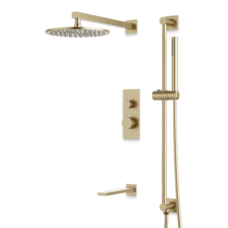 Otella Thermostatic Shower Trim Kit with Hand Shower on Slide Bar, Tub Filler - Satin Brass / Linear image 1