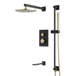 Otella Thermostatic Shower Trim Kit with Hand Shower on Slide Bar, Tub Filler - Satin Brass/Matte Black / Wide thumbnail 1