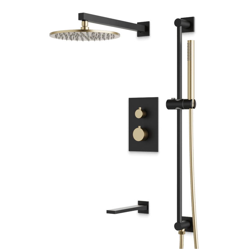 Otella Thermostatic Shower Trim Kit with Hand Shower on Slide Bar, Tub Filler - Satin Brass/Matte Black / Wide image 1