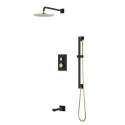 Square + Round Thermostatic Shower Trim Kit with Wall Mount Shower Head, Hand Held Shower on Slide Bar, Tub Filler Artos US Satin Brass/Matte Black 