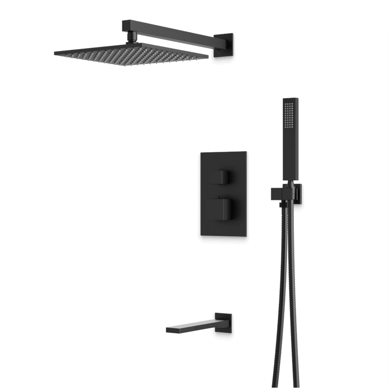 Edge Thermostatic Shower Trim Kit with Wall Mount Shower Head, Hand Shower, Tub Filler - Matte Black / Wide image 1