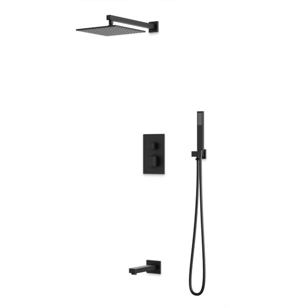 PS119 - Square Thermostatic Shower Trim Kit with Wall Mount Shower Head, Hand Held Shower, Tub Filler Artos US Matte Black 