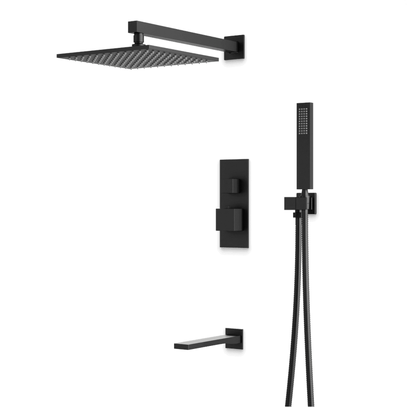Edge Thermostatic Shower Trim Kit with Wall Mount Shower Head, Hand Shower, Tub Filler - Matte Black / Linear image 1