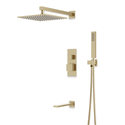 Edge Thermostatic Shower Trim Kit with Wall Mount Shower Head, Hand Shower, Tub Filler - Satin Brass / Linear thumbnail 1