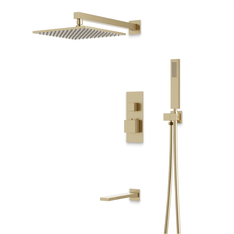 Edge Thermostatic Shower Trim Kit with Wall Mount Shower Head, Hand Shower, Tub Filler - Satin Brass / Linear image 1