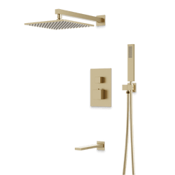 Edge Thermostatic Shower Trim Kit with Wall Mount Shower Head, Hand Shower, Tub Filler - Satin Brass / Wide thumbnail 1