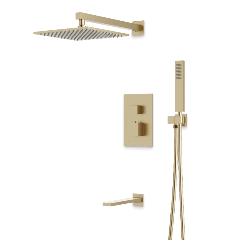 Edge Thermostatic Shower Trim Kit with Wall Mount Shower Head, Hand Shower, Tub Filler - Satin Brass / Wide image 1