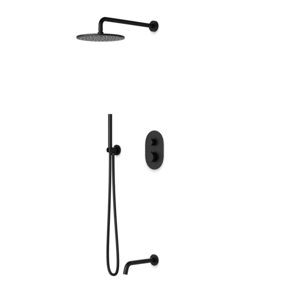 PS120 - Opera Round Thermostatic Shower Trim Kit with Wall Mount Shower Head, Hand Held Shower, Tub Filler Artos US Black